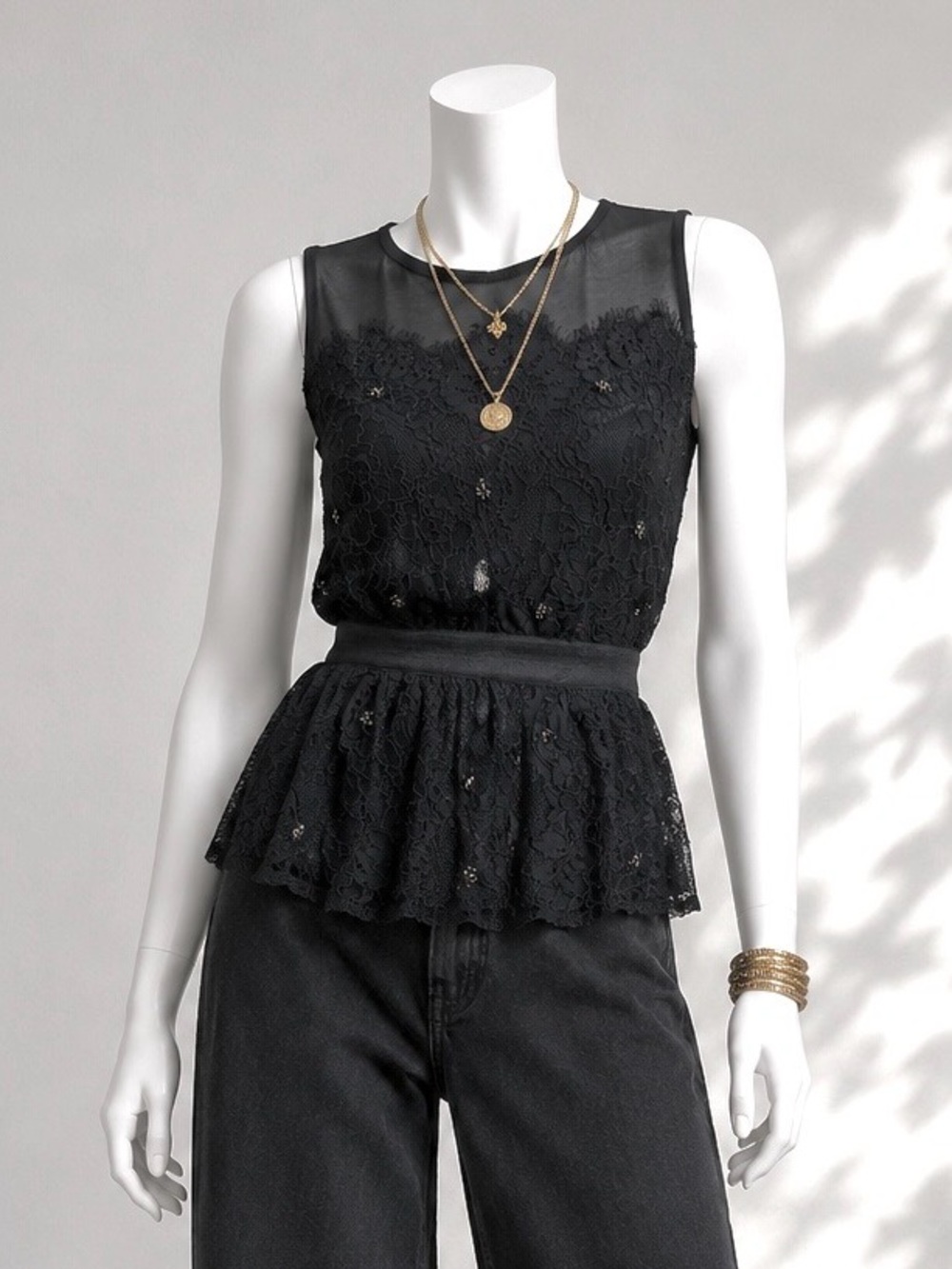 Anthropologie Meadow Rue Top XS Black Lace Beaded Sleeveless Peplum Tank - Picture 10 of 14